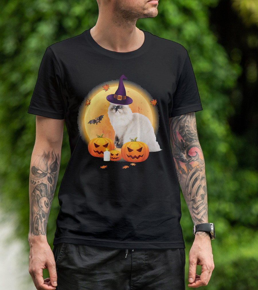 Himalayan Cat Halloween Witch Hat Pumpkins Full Moon T-Shirt