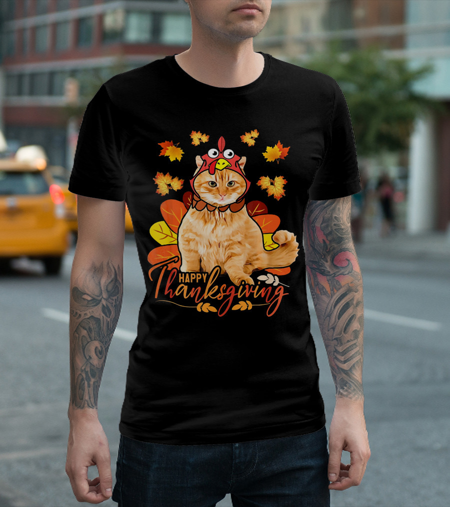 Happy Thanksgiving Cat in Turkey Costume with Autumn Leaves T-Shirt