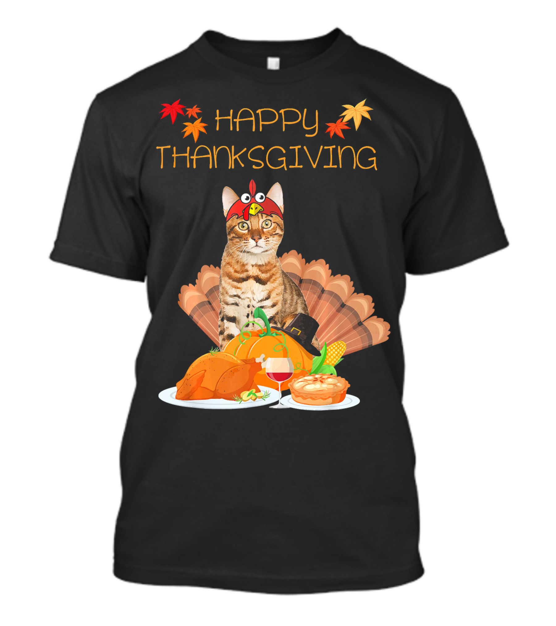 Happy Thanksgiving Day Bengal Cat Autumn Feast T-Shirt
