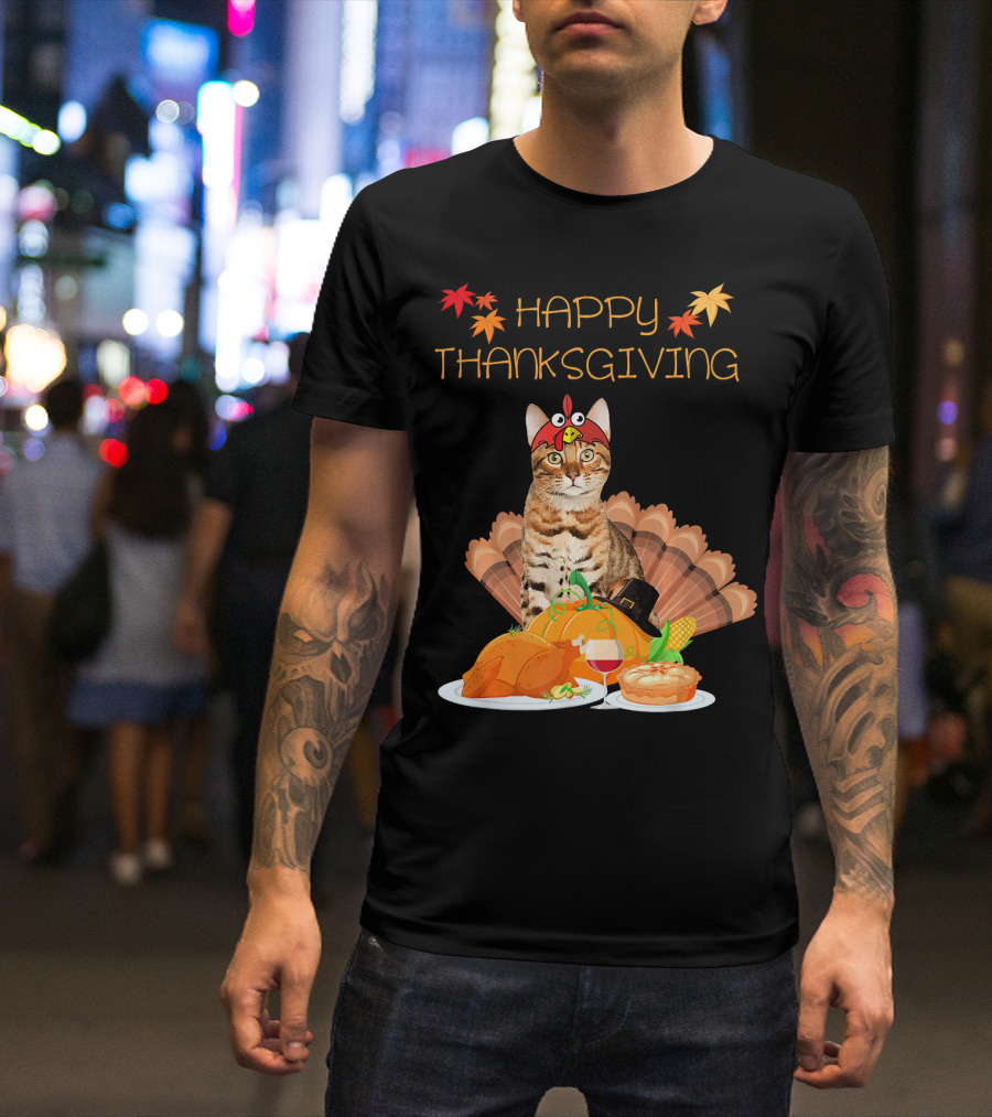 Happy Thanksgiving Day Bengal Cat Autumn Feast T-Shirt