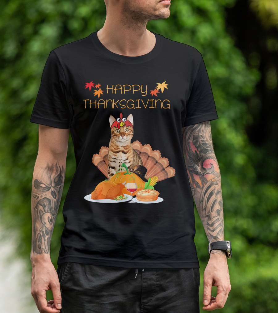 Happy Thanksgiving Day Bengal Cat Autumn Feast T-Shirt