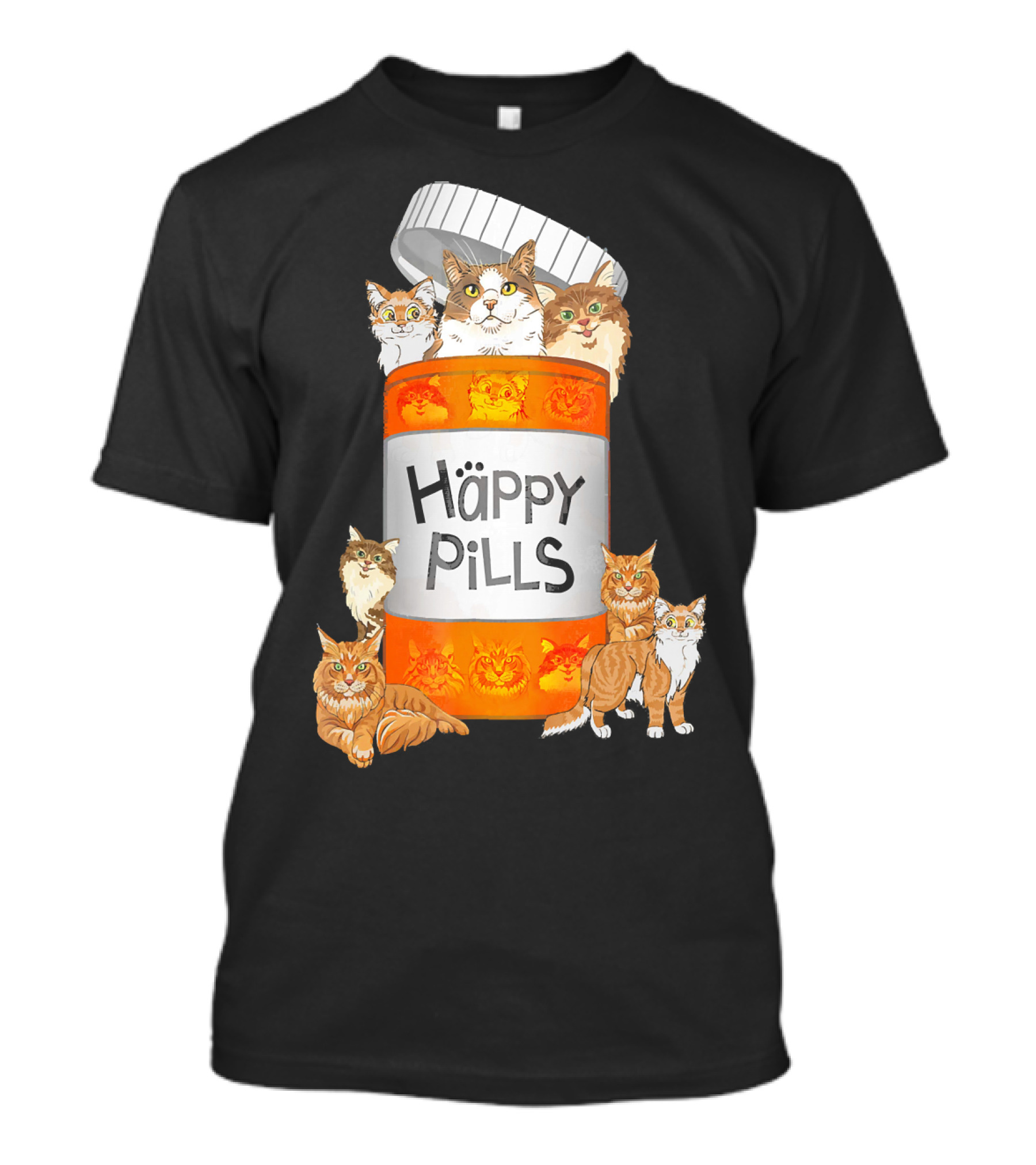 Maine Coon Cats Inside Happy Pills Bottle T-Shirt