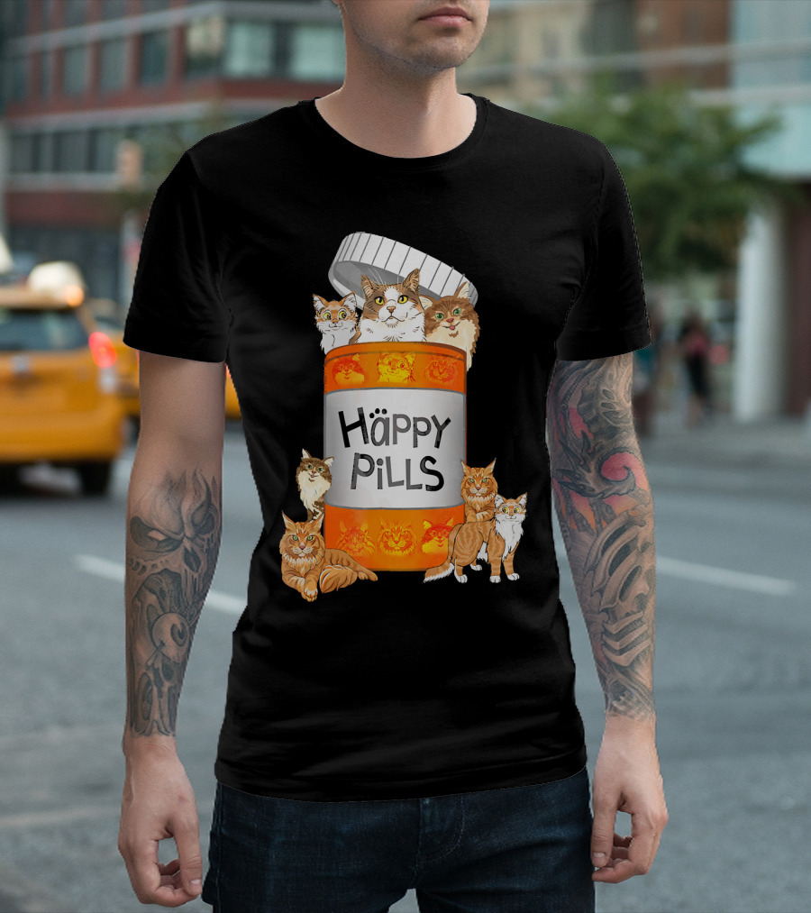 Maine Coon Cats Inside Happy Pills Bottle T-Shirt