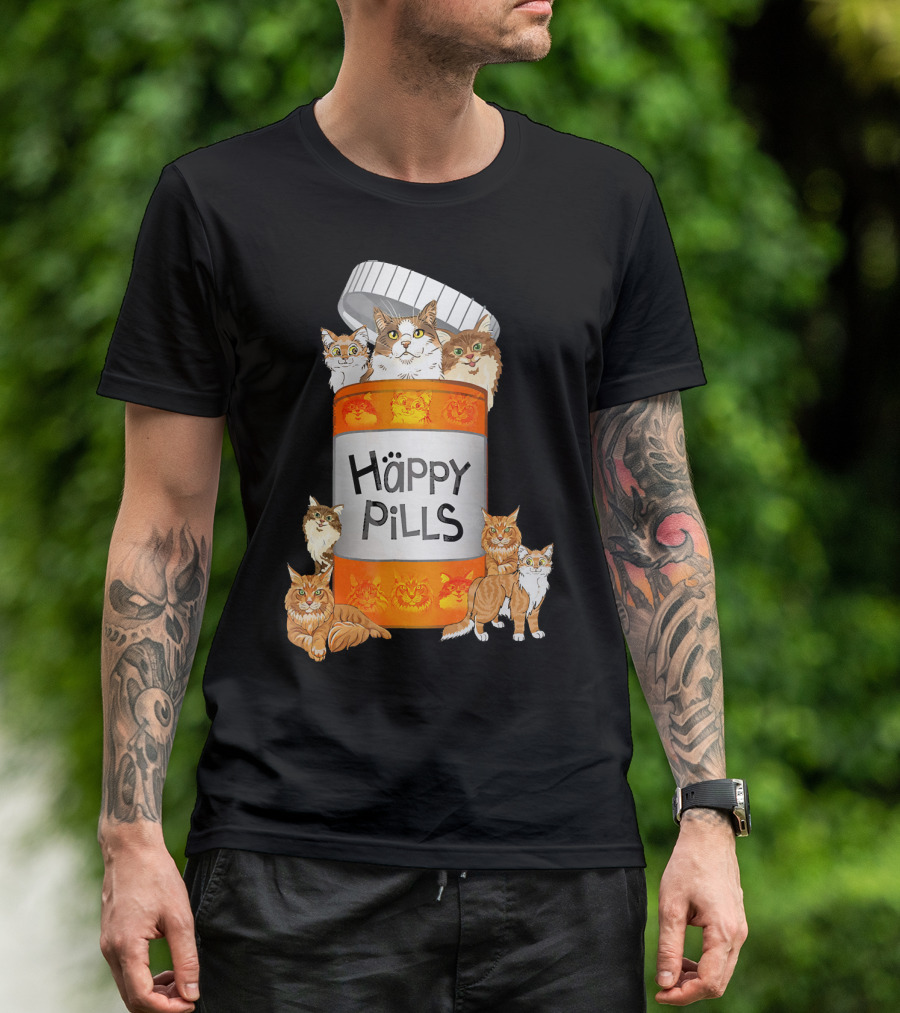 Maine Coon Cats Inside Happy Pills Bottle T-Shirt