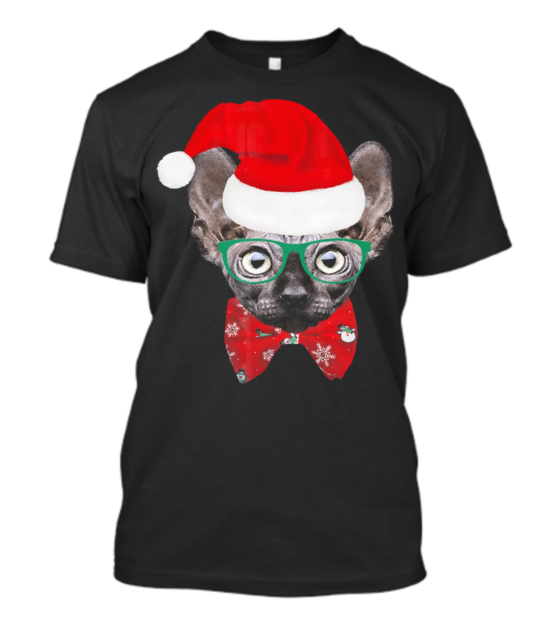 Sphynx Cat Santa Hat Christmas Glasses Red Bowtie T-Shirt