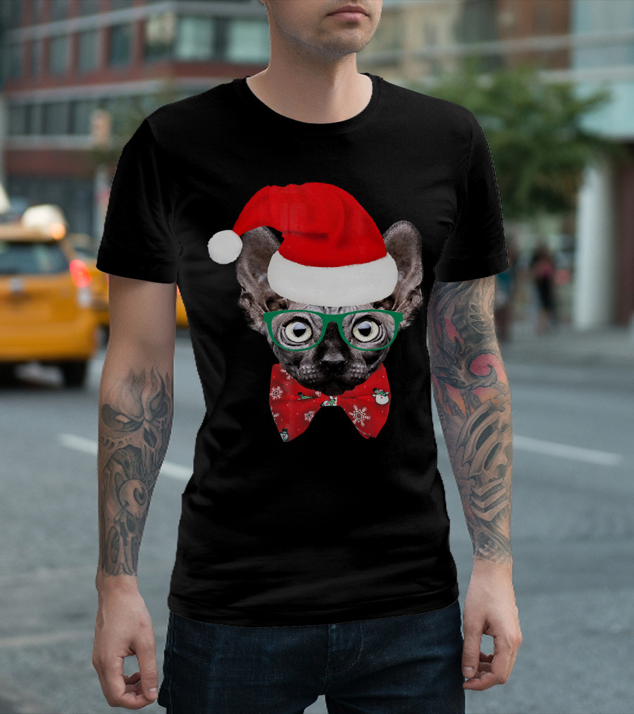 Sphynx Cat Santa Hat Christmas Glasses Red Bowtie T-Shirt