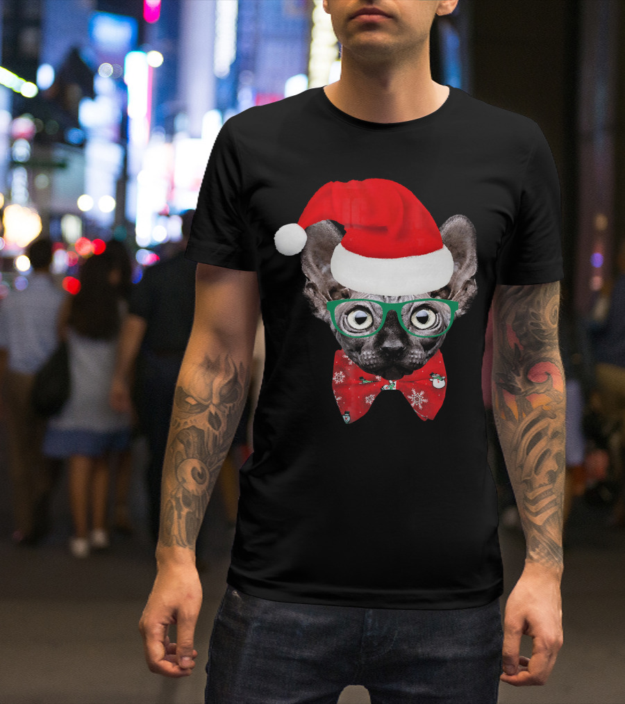 Sphynx Cat Santa Hat Christmas Glasses Red Bowtie T-Shirt
