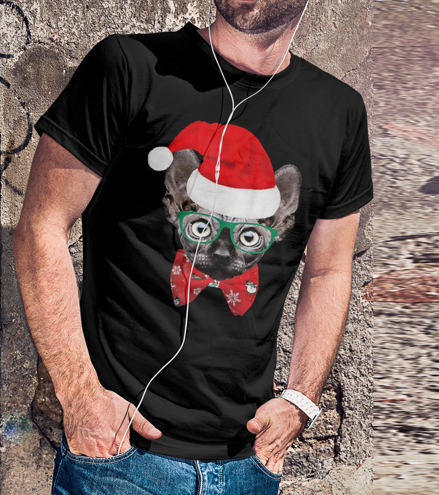 Sphynx Cat Santa Hat Christmas Glasses Red Bowtie T-Shirt