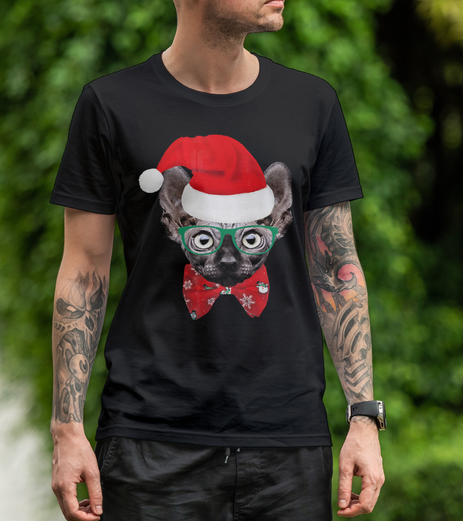 Sphynx Cat Santa Hat Christmas Glasses Red Bowtie T-Shirt