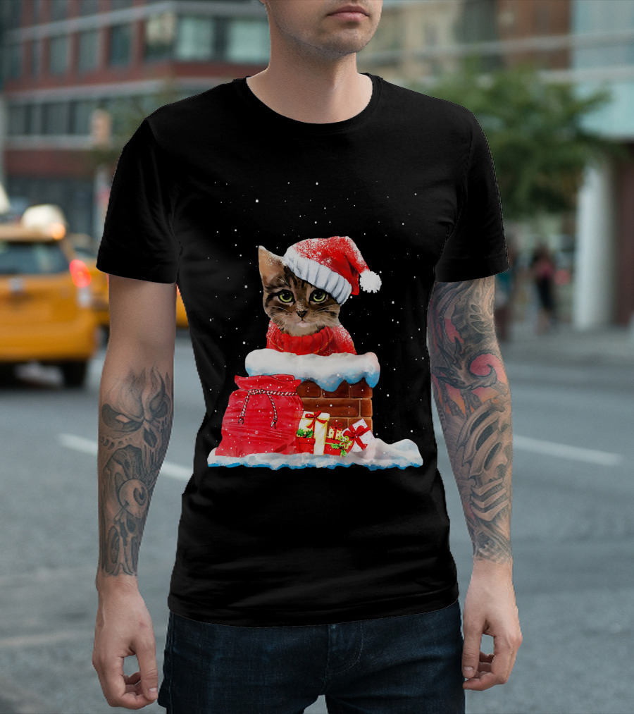 Meowy Xmas Cats Santa Hat Snow Christmas Chimney Gifts T-Shirt