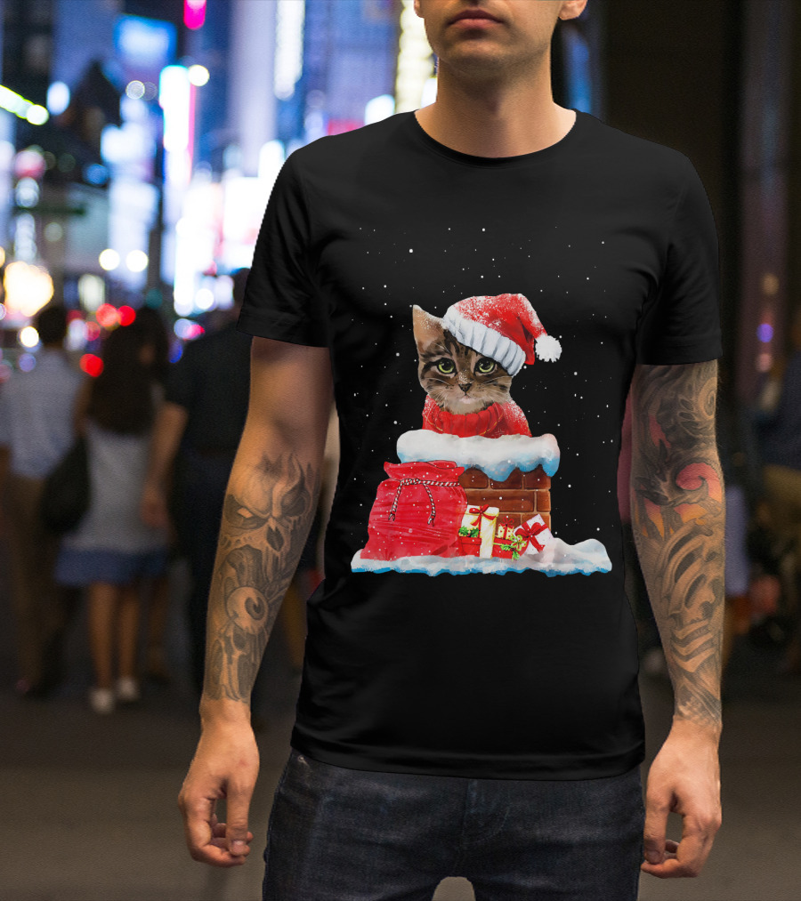 Meowy Xmas Cats Santa Hat Snow Christmas Chimney Gifts T-Shirt