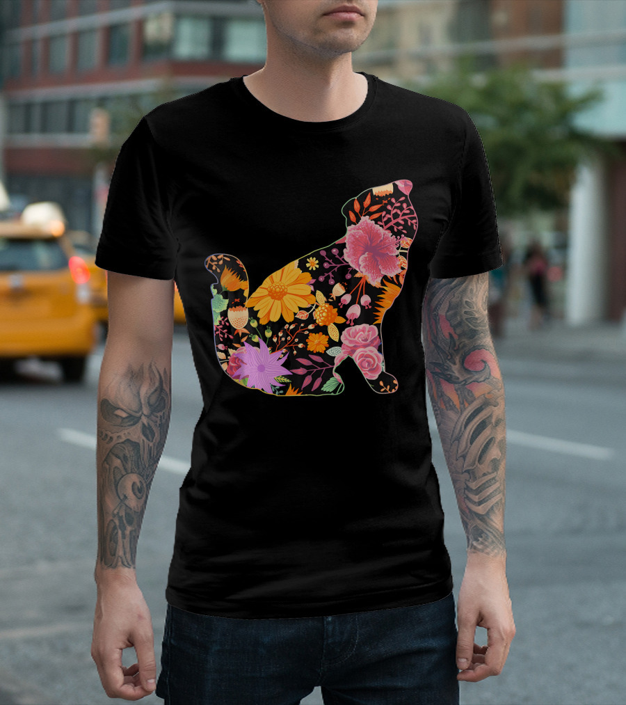 Floral Flower Vintage Retro Scottish Fol Inspired Cat Silhouette with Vibrant Botanical Motif T-Shirt