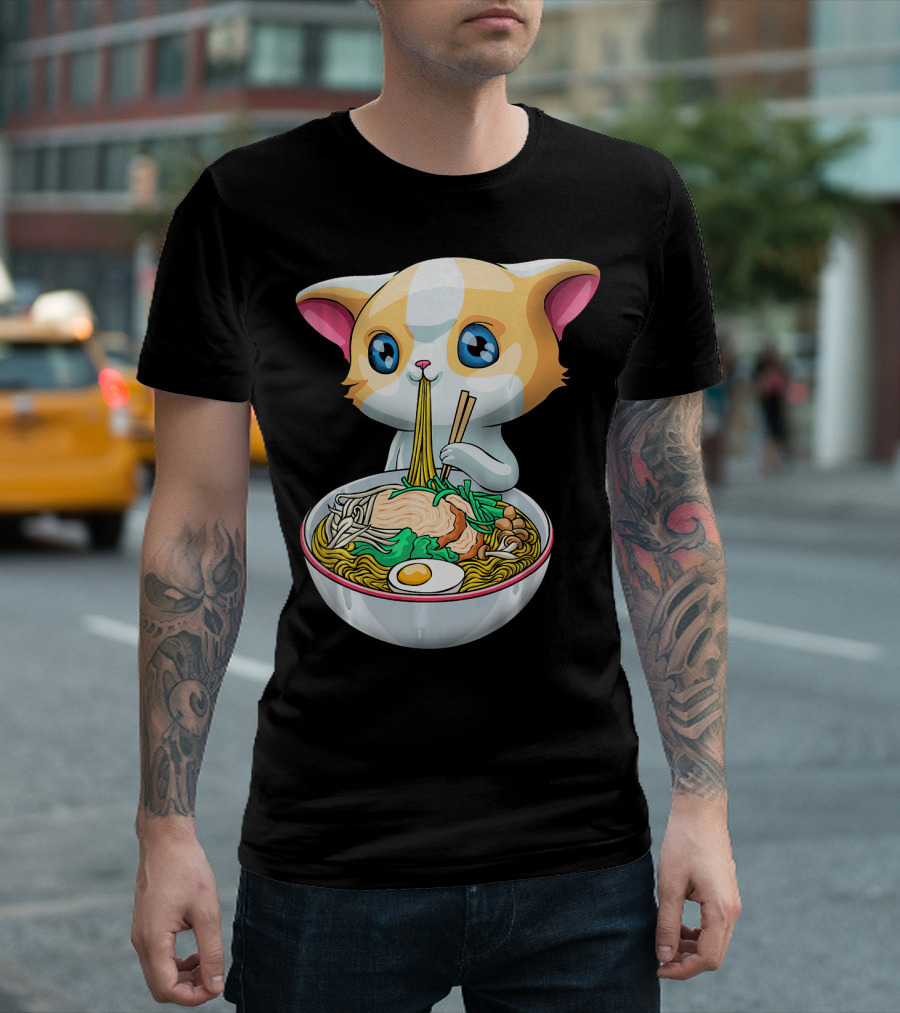 Cute Kawaii Ramen Cat Anime Kitten Noodles Bowl T-Shirt