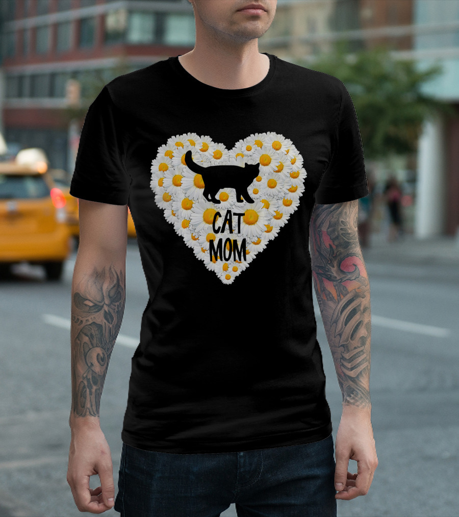 Cat Mom with Black Cat Silhouette on Daisy Heart T-Shirt