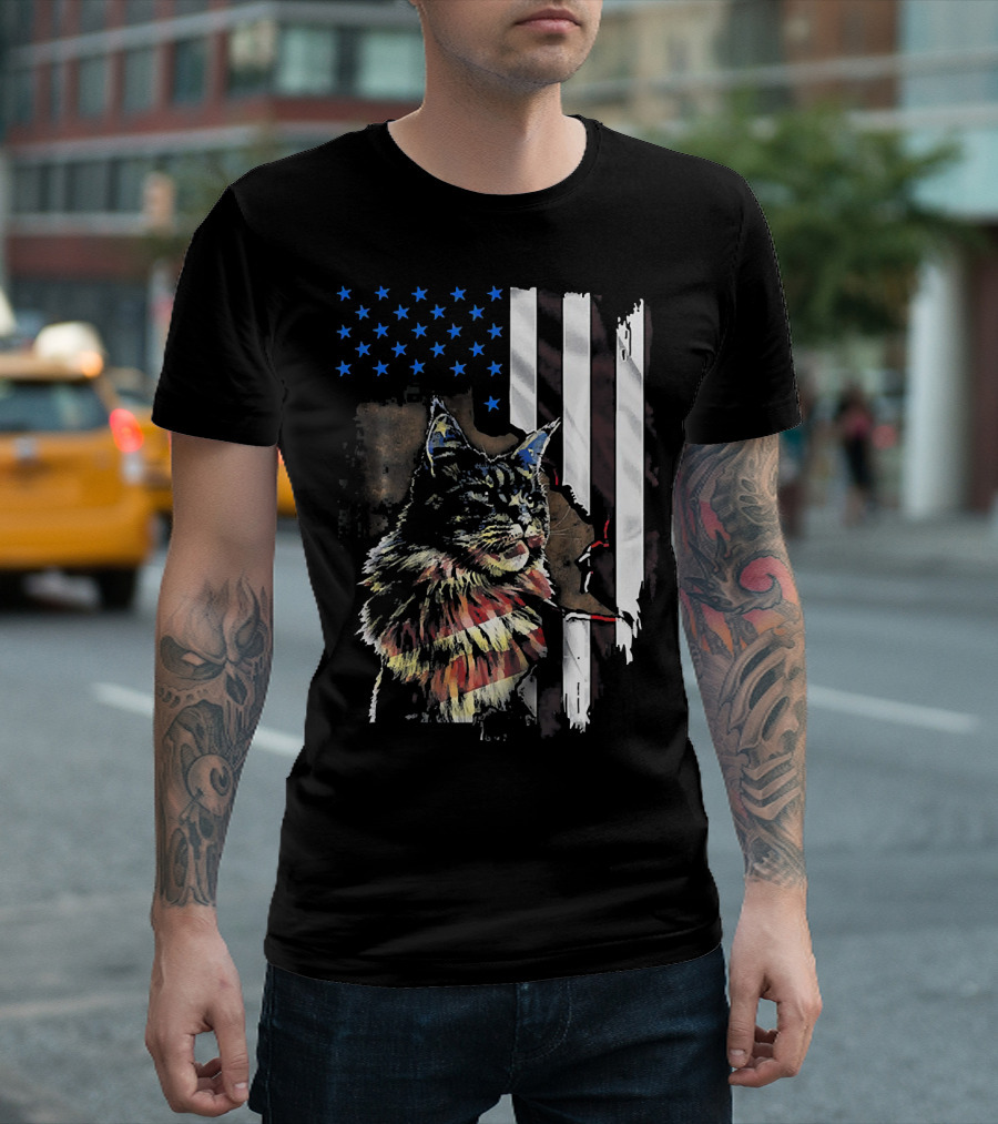 American Flag 4th Of July Maine Coon Cat Patriotic T-Shirt