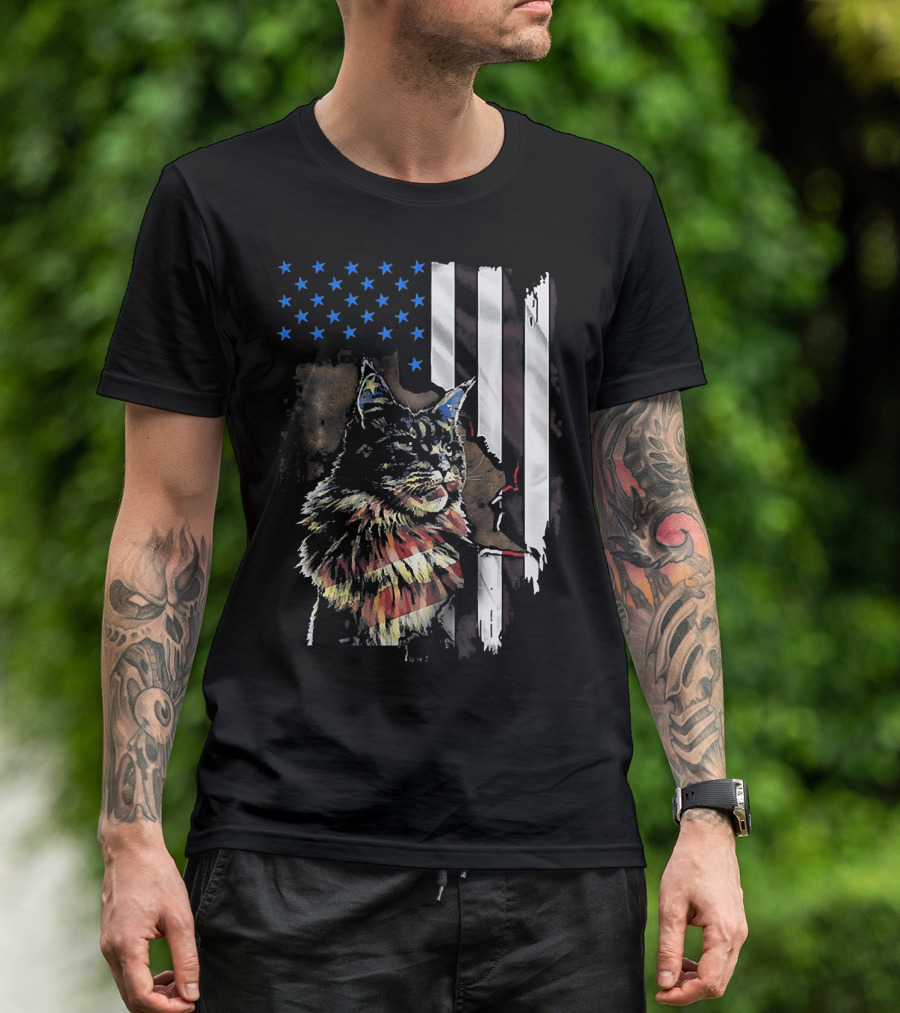 American Flag 4th Of July Maine Coon Cat Patriotic T-Shirt