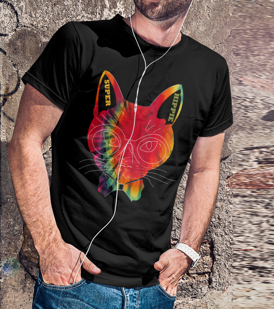 Super Hippie Tie Dye Cat Colorful Tye Dye T-Shirt