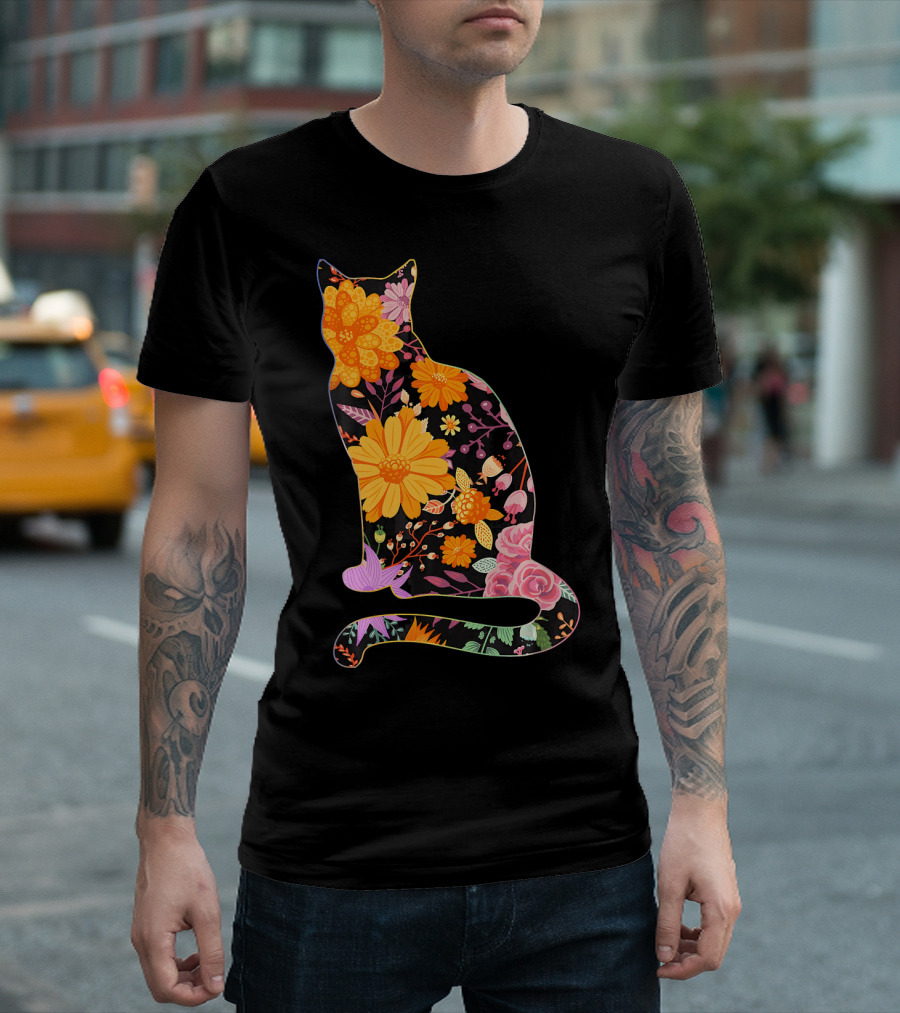 Floral Flower Vintage Retro Cat T-Shirt
