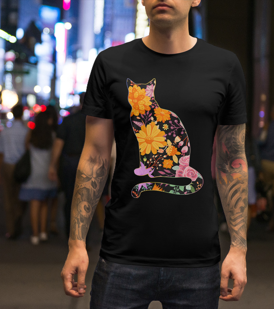 Floral Flower Vintage Retro Cat T-Shirt