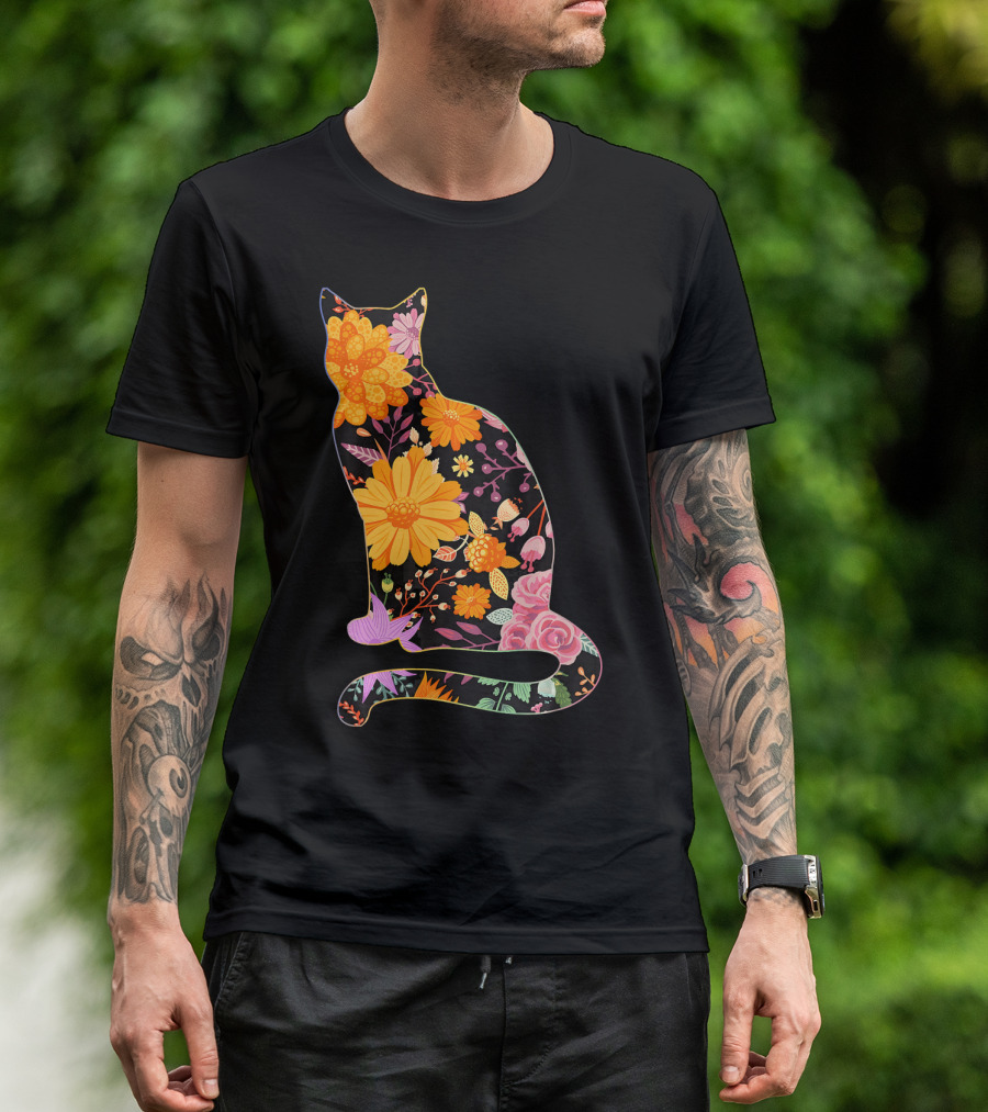 Floral Flower Vintage Retro Cat T-Shirt