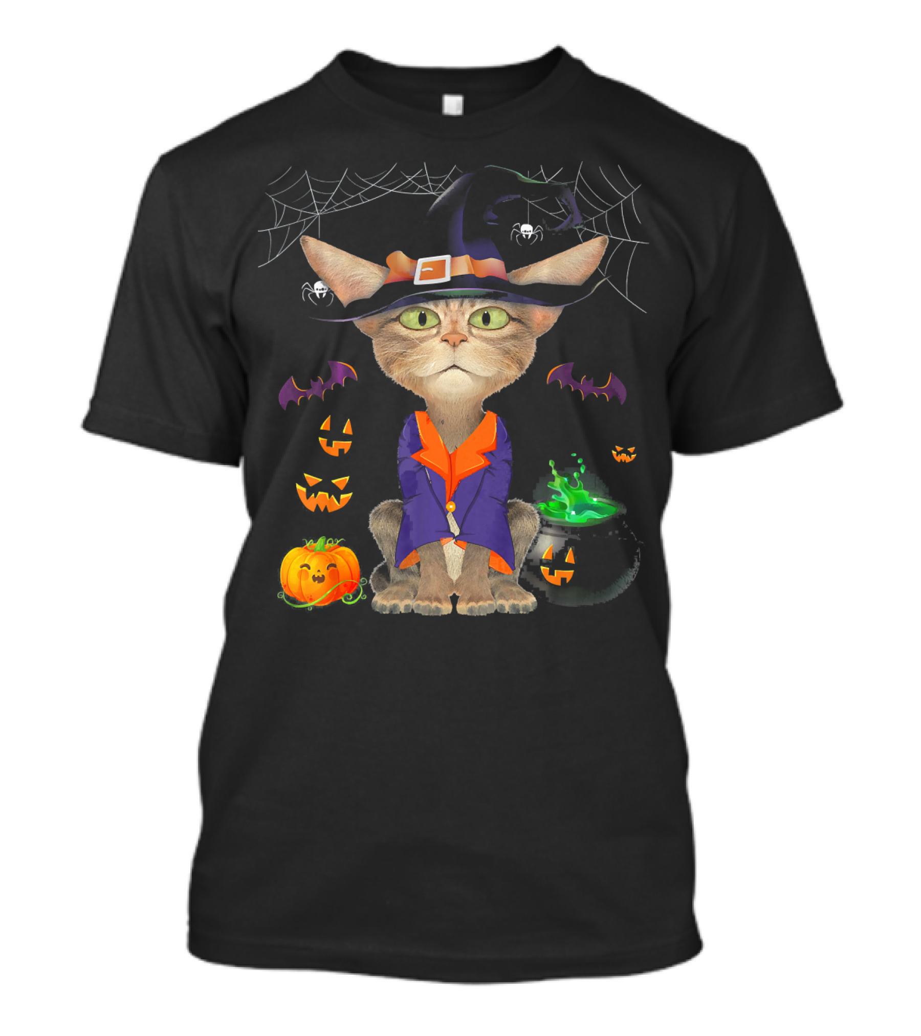 Halloween Russian Blue Cat Witch In Costume With Pumpkins And Cauldron T-Shirt