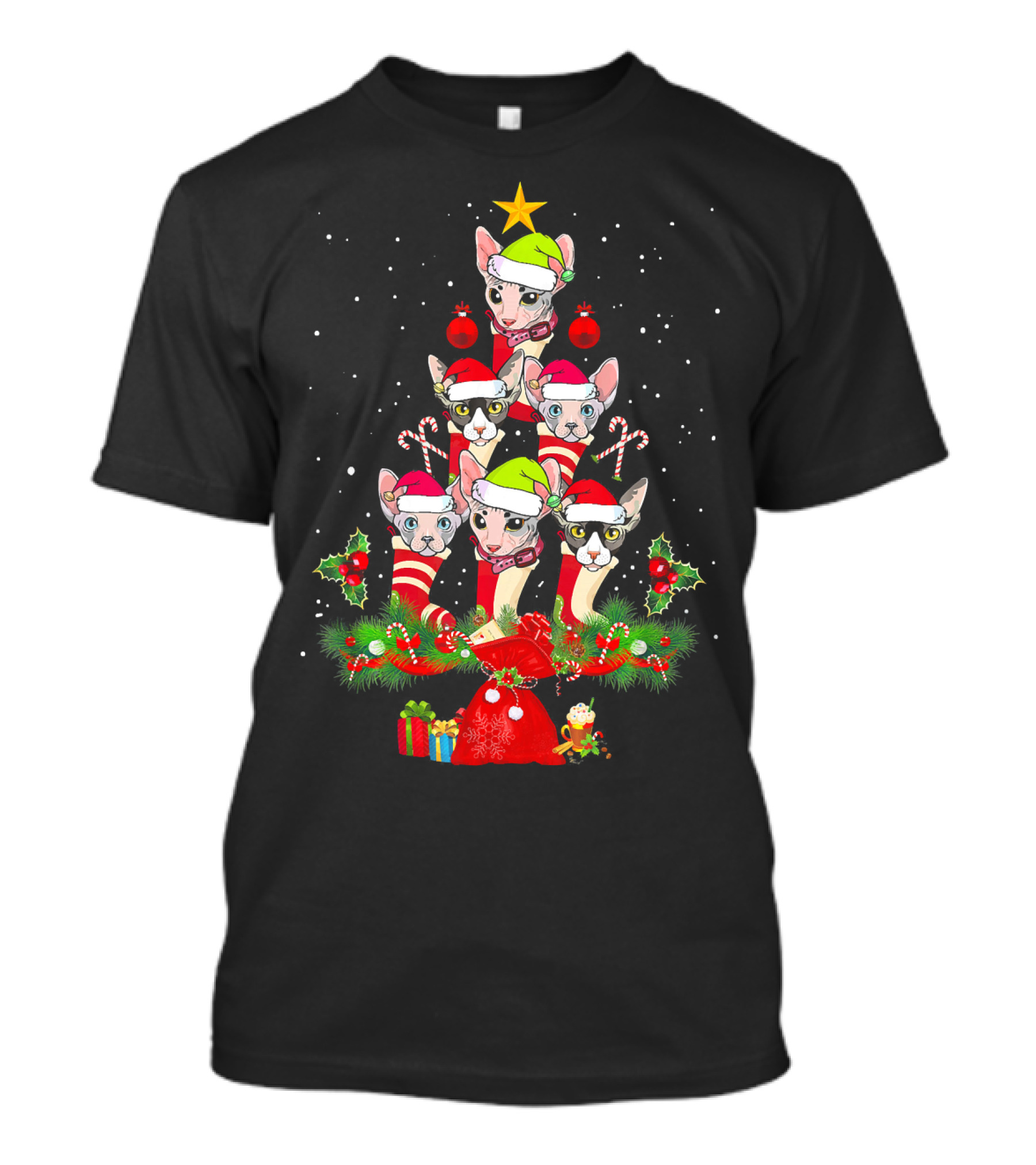 Sphynx Cats In Santa Hats Christmas Tree Festive Merry T-Shirt