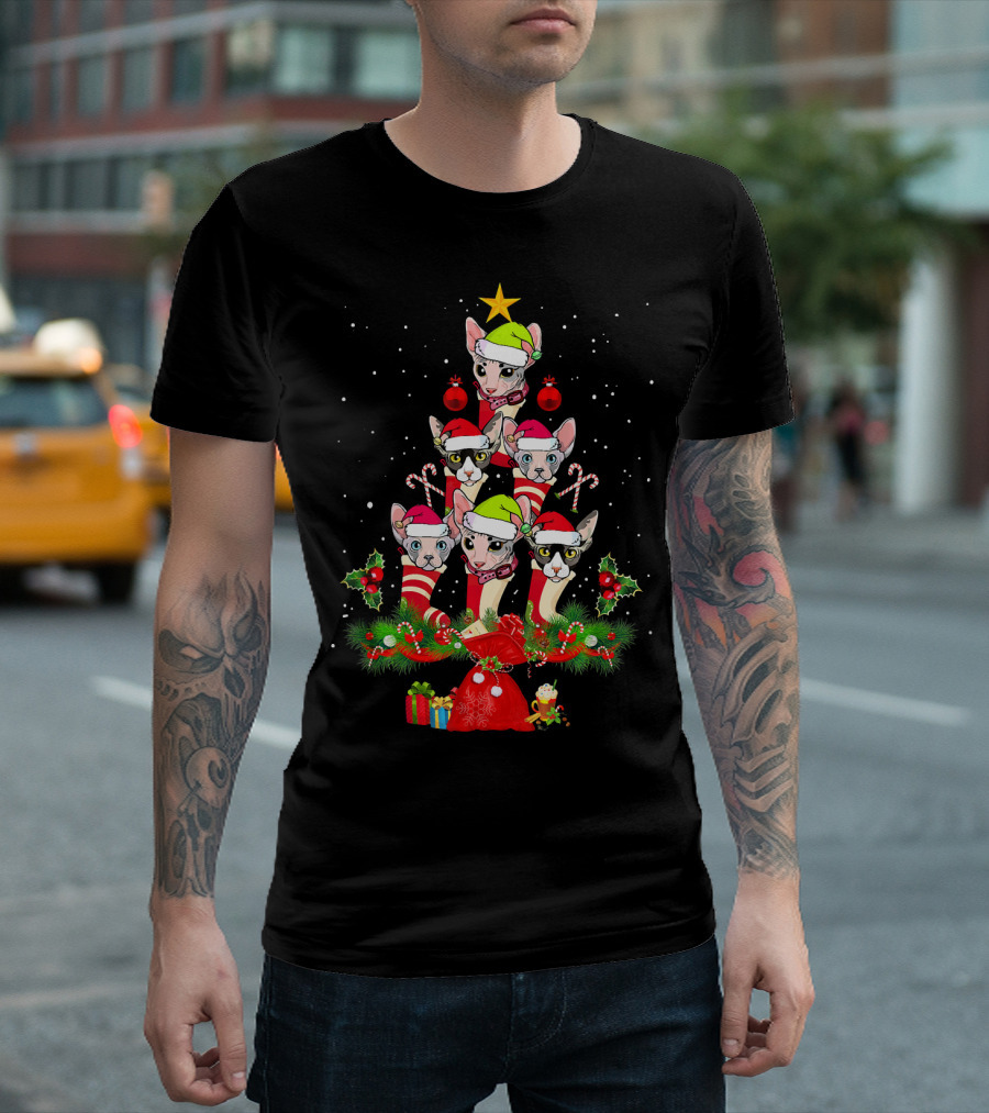 Sphynx Cats In Santa Hats Christmas Tree Festive Merry T-Shirt