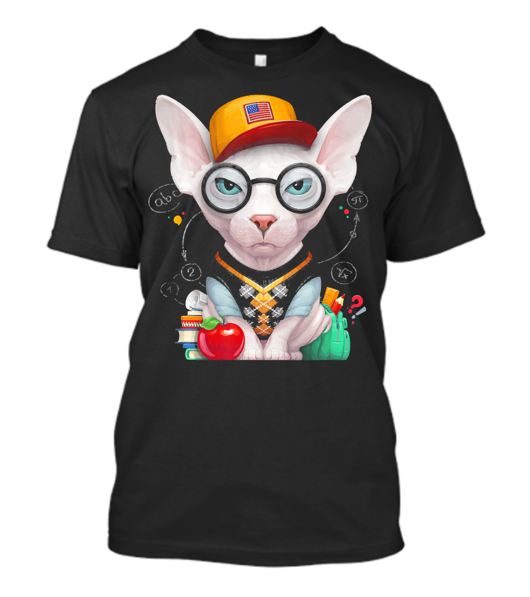 Sphynx Cat Wearing Glasses And Cap With School Items And Mathematical Symbols T-Shirt