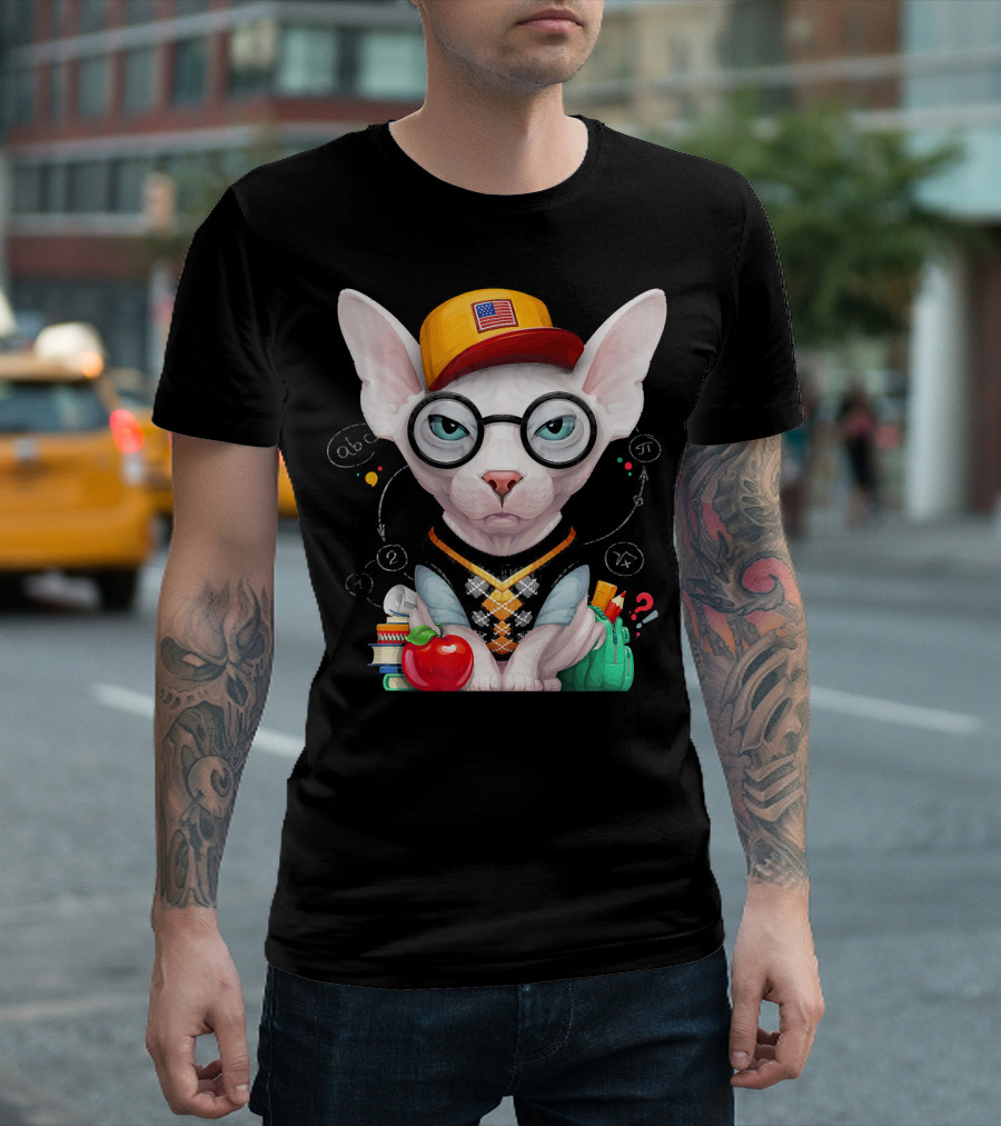 Sphynx Cat Wearing Glasses And Cap With School Items And Mathematical Symbols T-Shirt