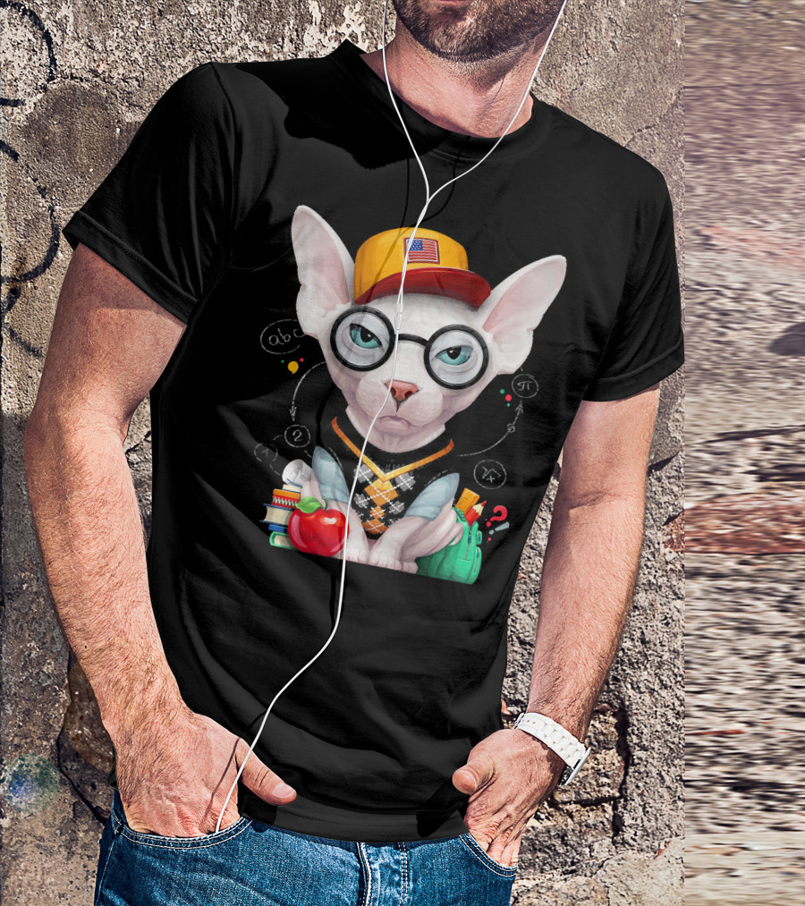 Sphynx Cat Wearing Glasses And Cap With School Items And Mathematical Symbols T-Shirt