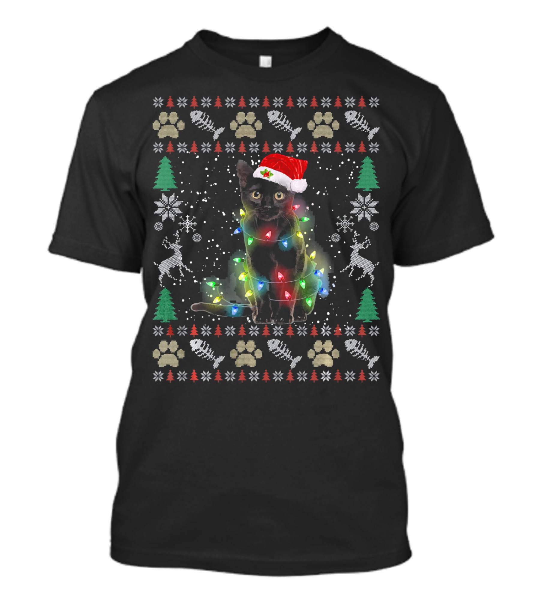 Black Cat Kitten Christmas Lights Santa Hat Ugly T-Shirt