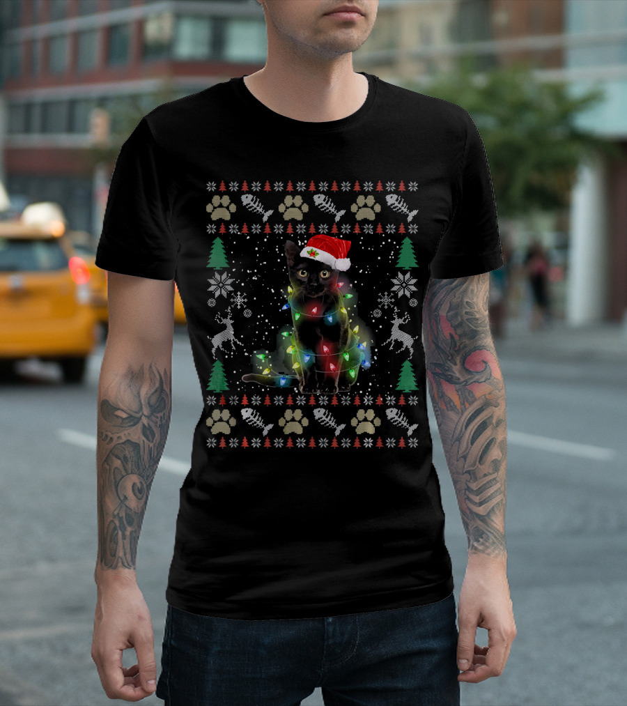 Black Cat Kitten Christmas Lights Santa Hat Ugly T-Shirt