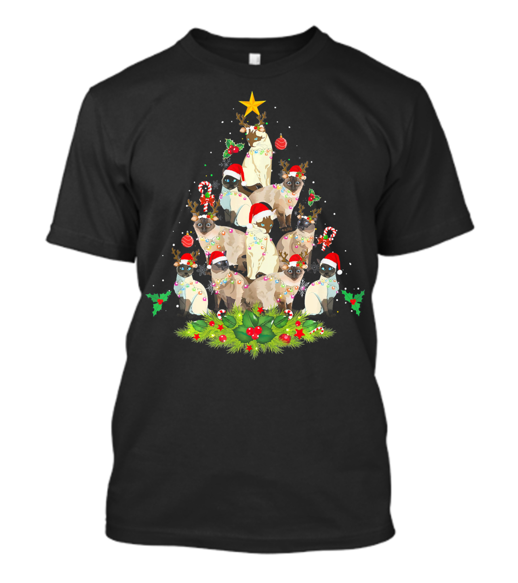 Siamese Cats Christmas Tree With Santa Hats And Candy Canes T-Shirt