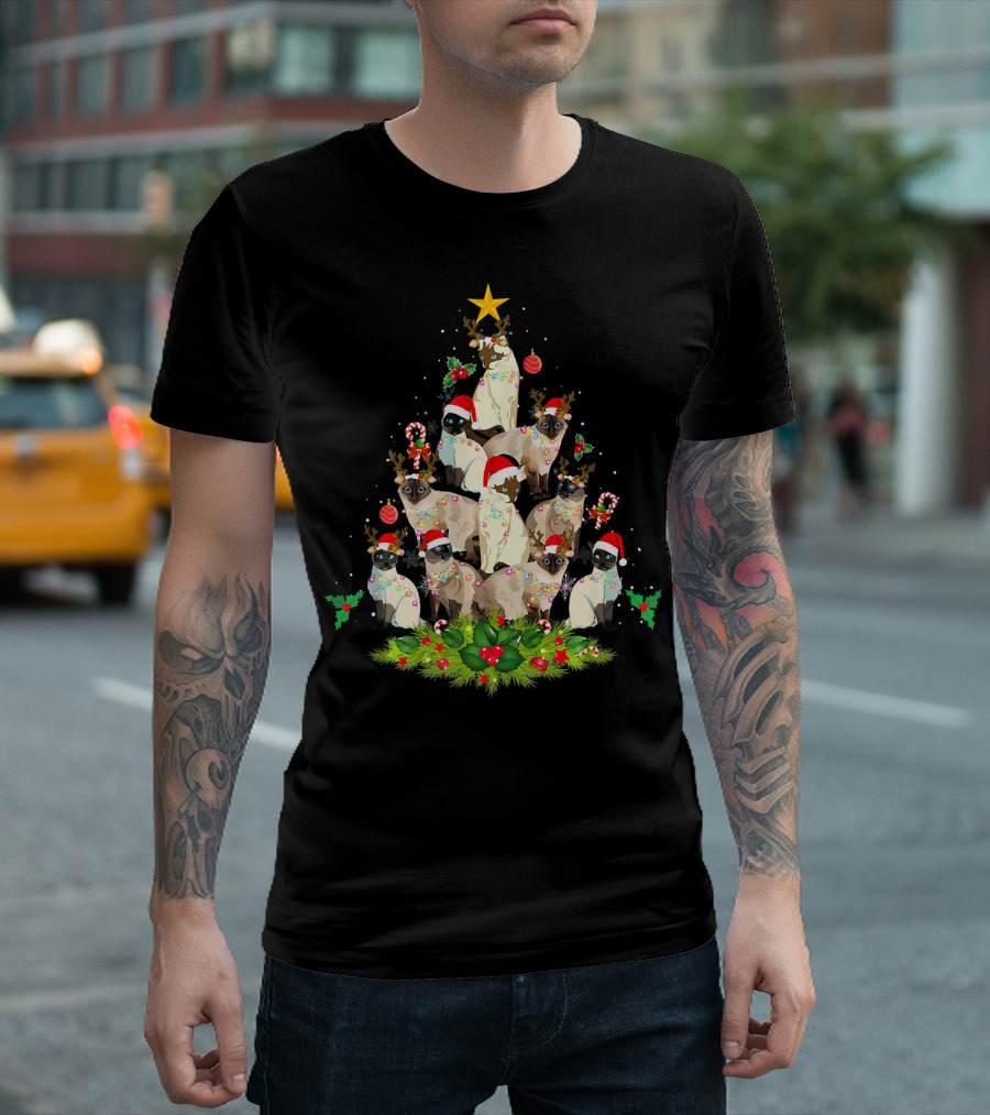 Siamese Cats Christmas Tree With Santa Hats And Candy Canes T-Shirt