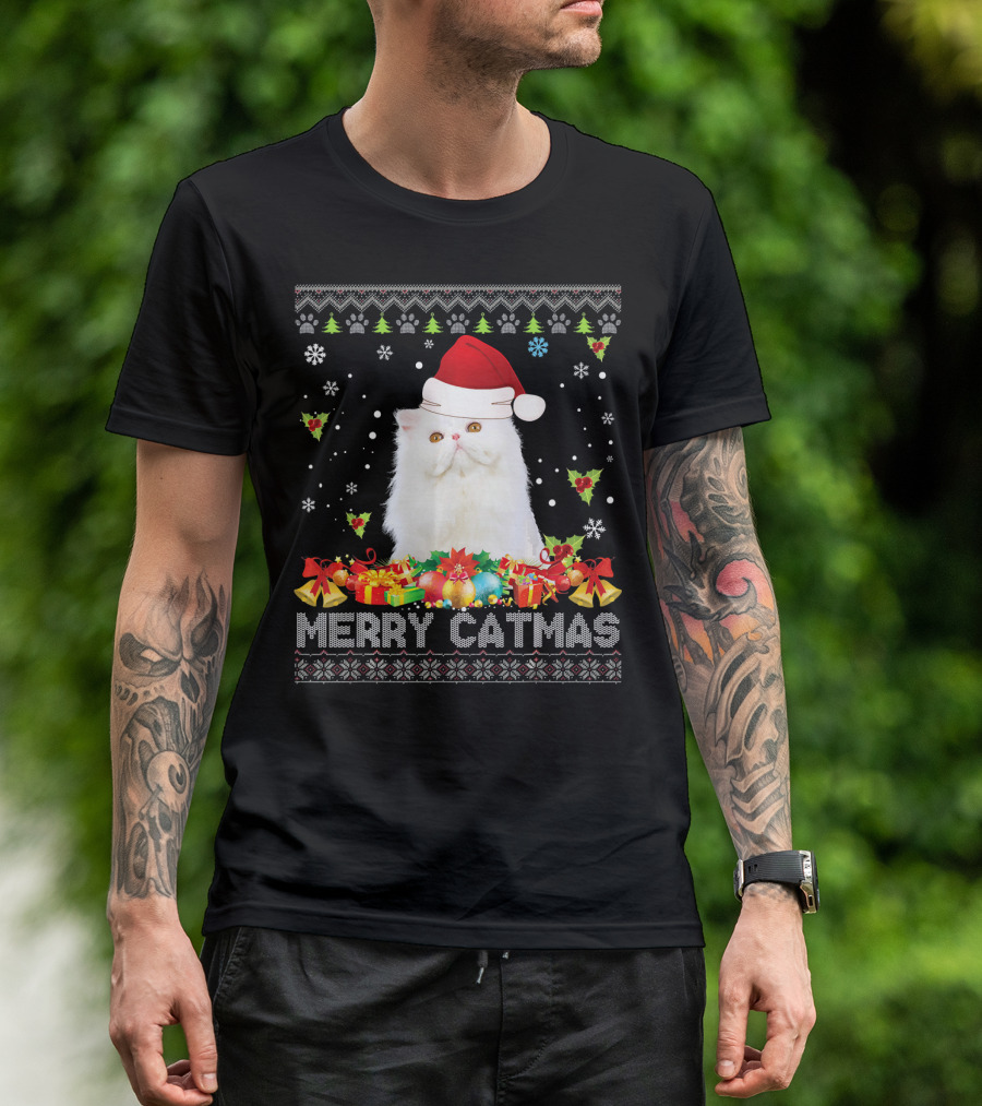 Merry Catmas Persian Cat Santa Hat Christmas Gifts T-Shirt