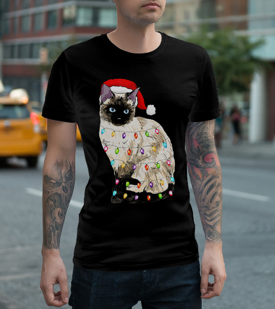 Santa Siamese Cat Wrapped in Colorful Christmas Lights T-Shirt