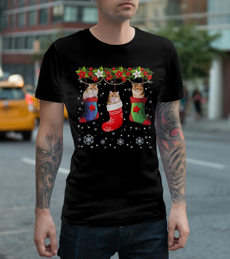 Scottish Fold Cats in Christmas Stockings with Holly and Snowflakes T-Shirt