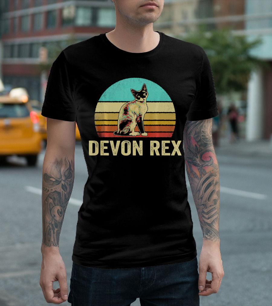 Devon Rex Vintage Cat Retro Colorful Sunset Stripe T-Shirt