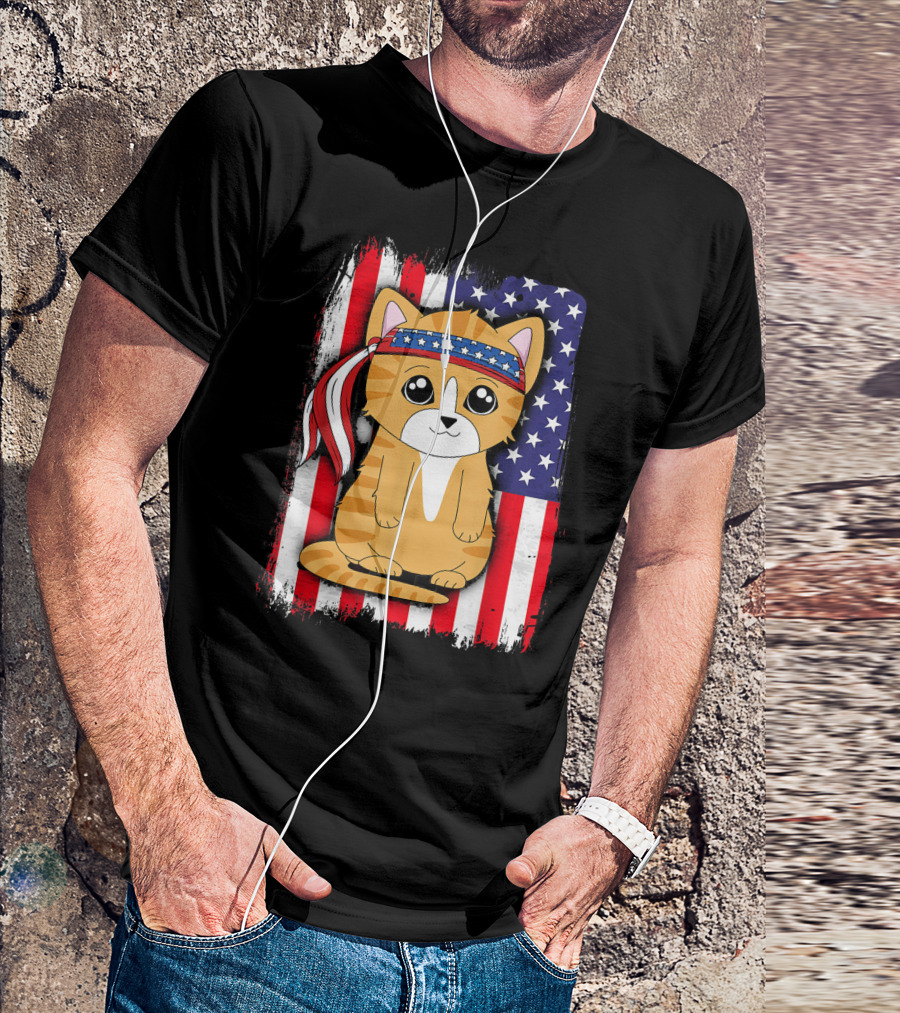 American Flag Cat Patriotic 4th Of July T-Shirt