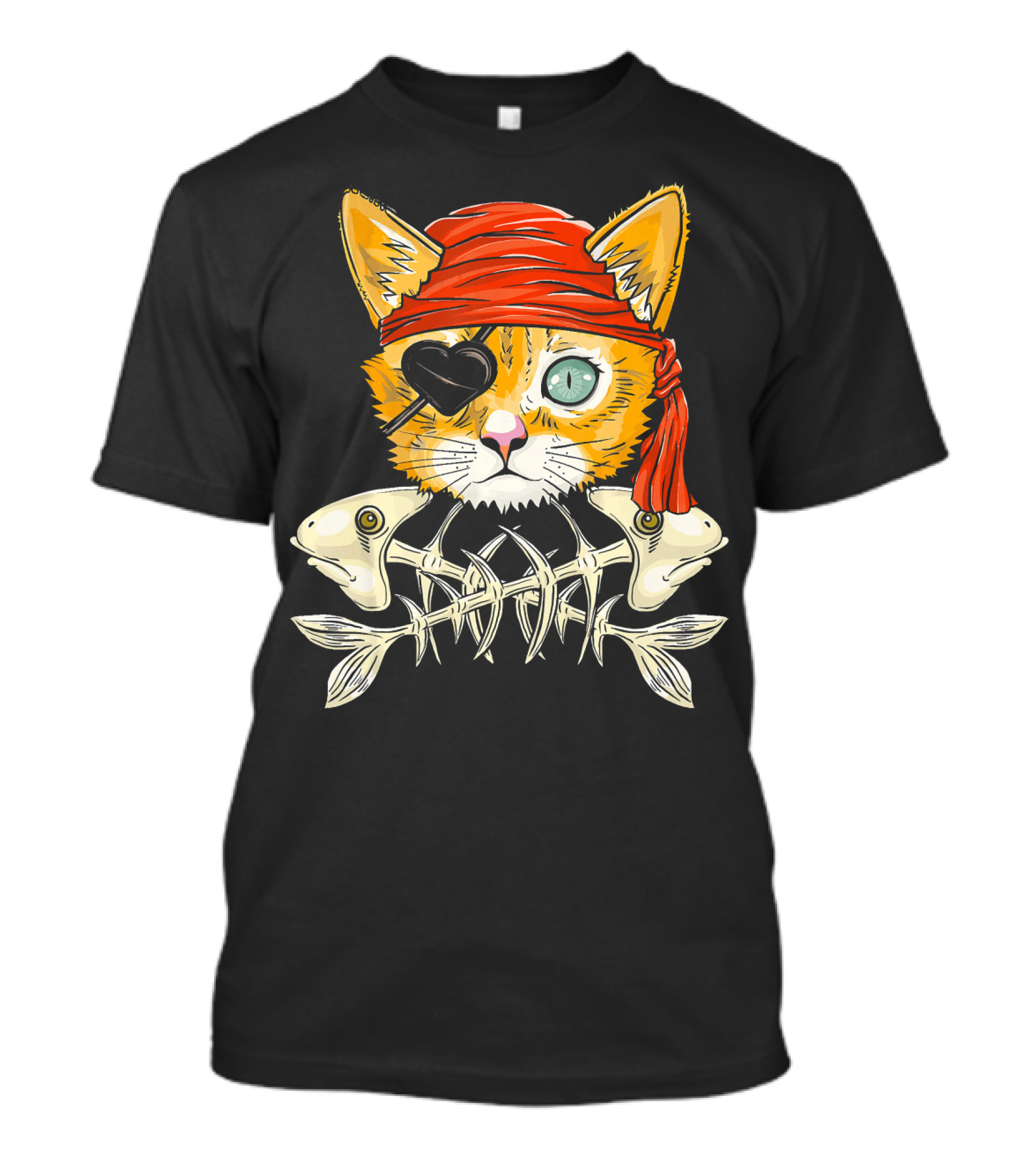 Jolly Roger Flag Cat Pirate Eyepatch Fish Bones T-Shirt