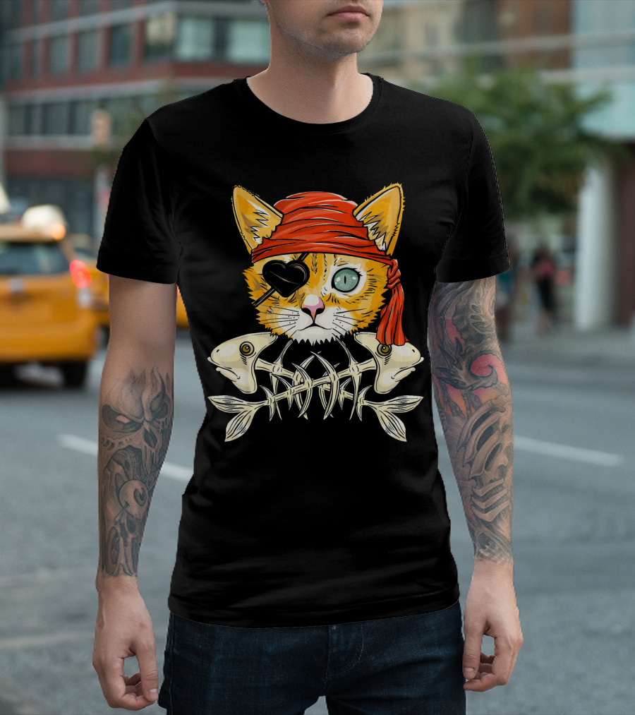 Jolly Roger Flag Cat Pirate Eyepatch Fish Bones T-Shirt