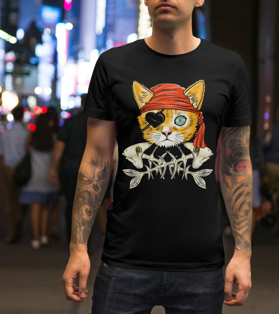 Jolly Roger Flag Cat Pirate Eyepatch Fish Bones T-Shirt