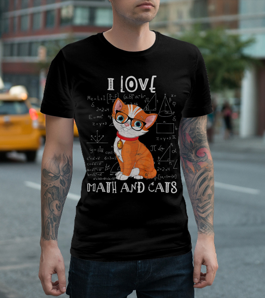 I Love Math and Cats Adorable Kitten with Glasses and Equations T-Shirt