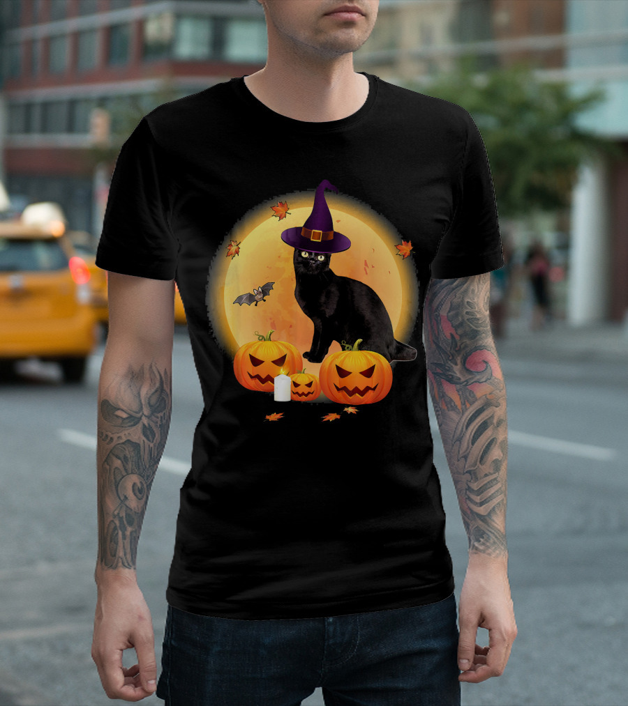 Bombay Cat with Witch Hat and Pumpkins Halloween Moon Scene T-Shirt