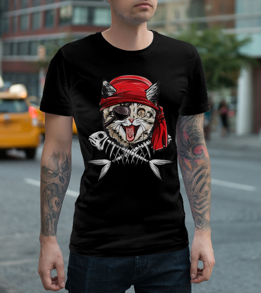 Cat Pirate Jolly Roger Flag Skull with Bandana and Eyepatch T-Shirt