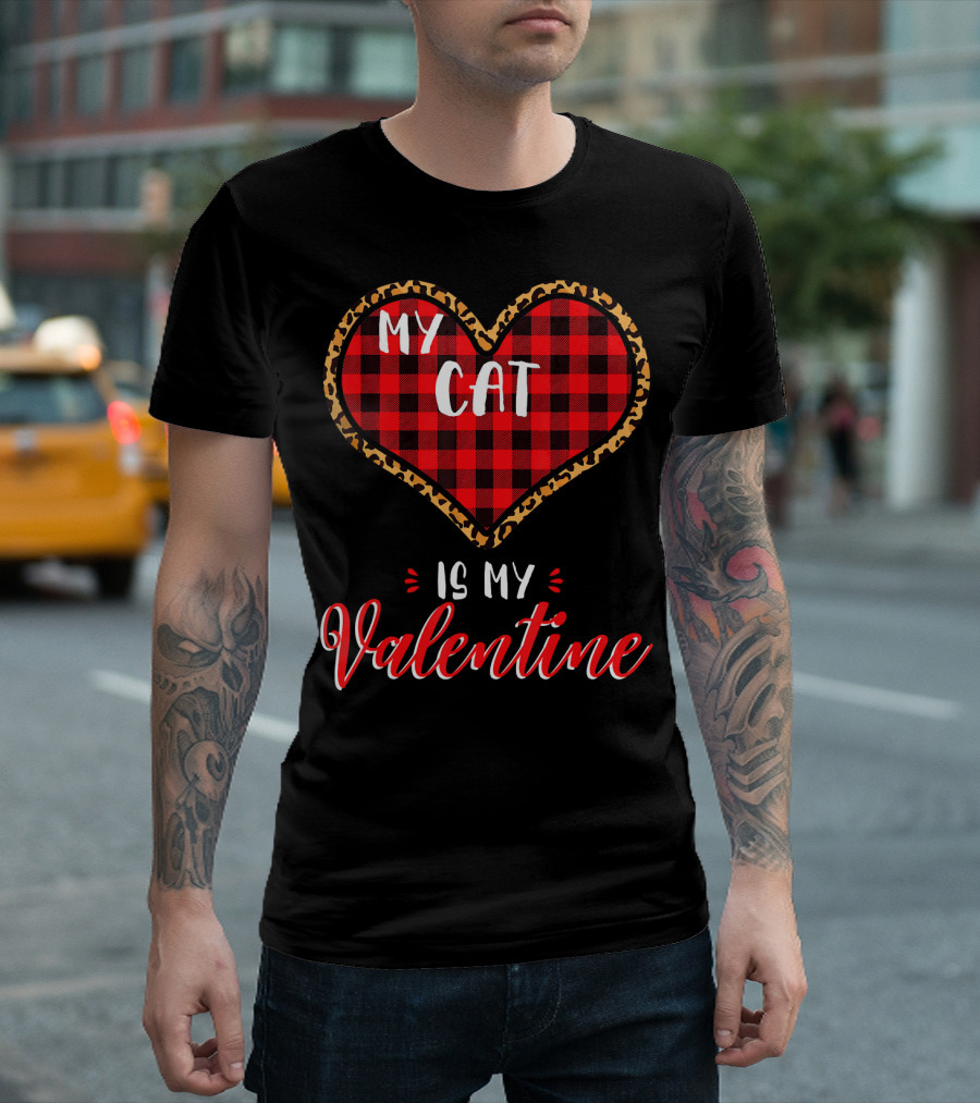 My Cat is My Valentine Leopard Buffalo Plaid Heart T-Shirt