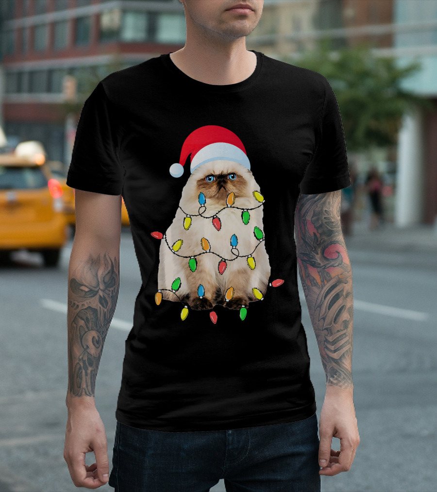 Christmas Himalayan Cat In Santa Hat With Funny Lights T-Shirt