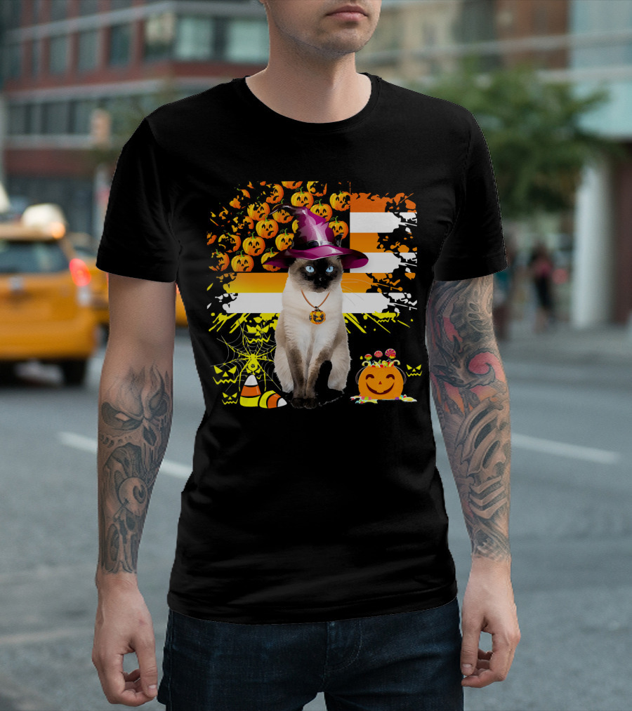 Halloween Siamese Cat Witch With Pumpkins and Candy Corn T-Shirt