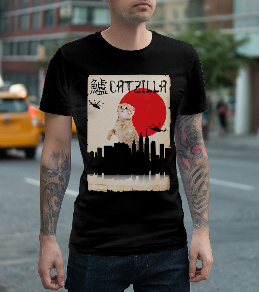 Scottish Fold Catzilla Rising Against City Skyline with Helicopters and Red Sun T-Shirt