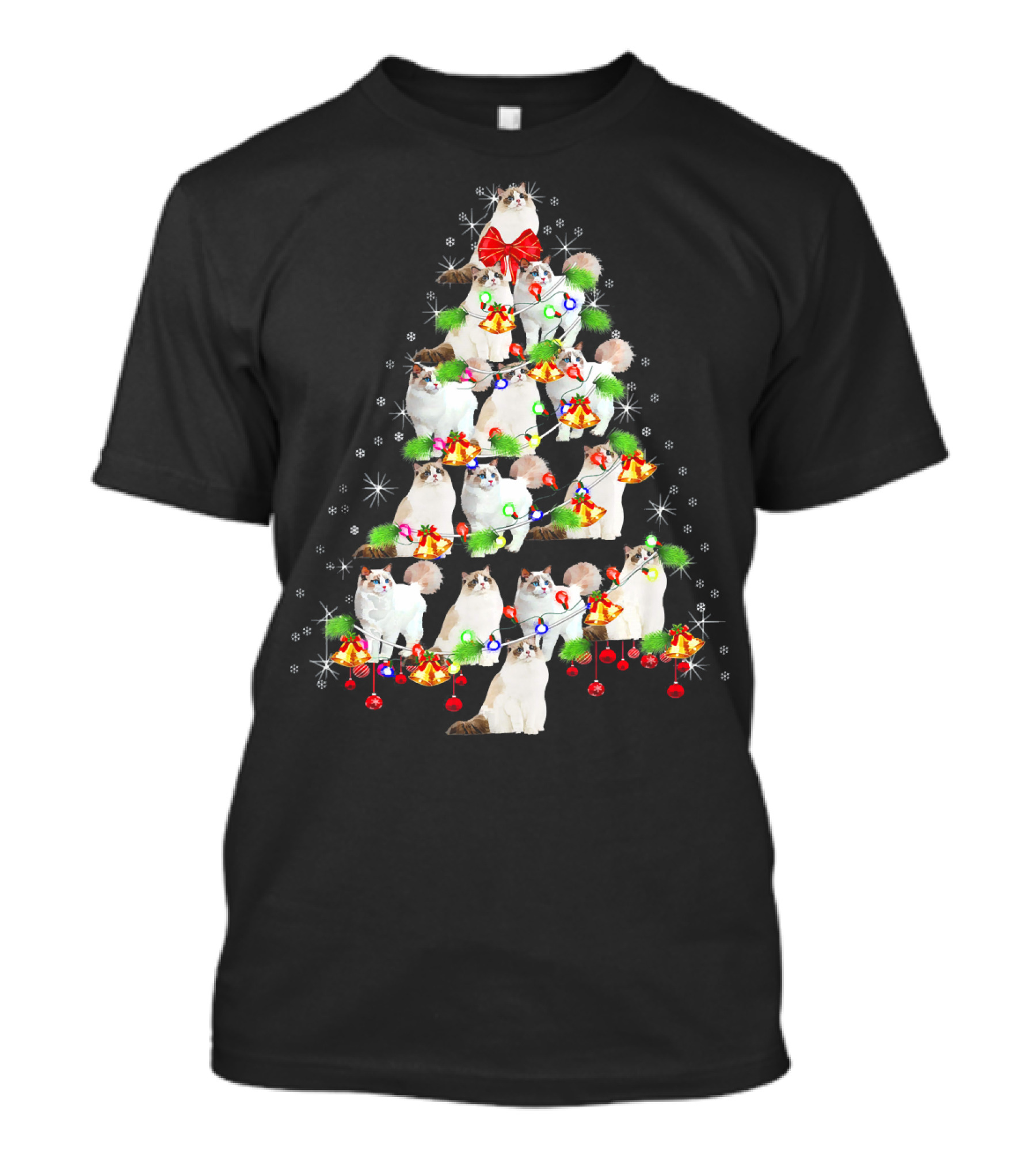Cute Ragdoll Cat Christmas Tree With Ornaments And Snowflakes T-Shirt